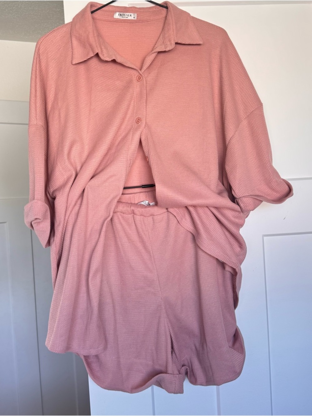 EKOUAER Womans Oversized Pink Button Front Shirt With Matching Shorts Set - Sz M
